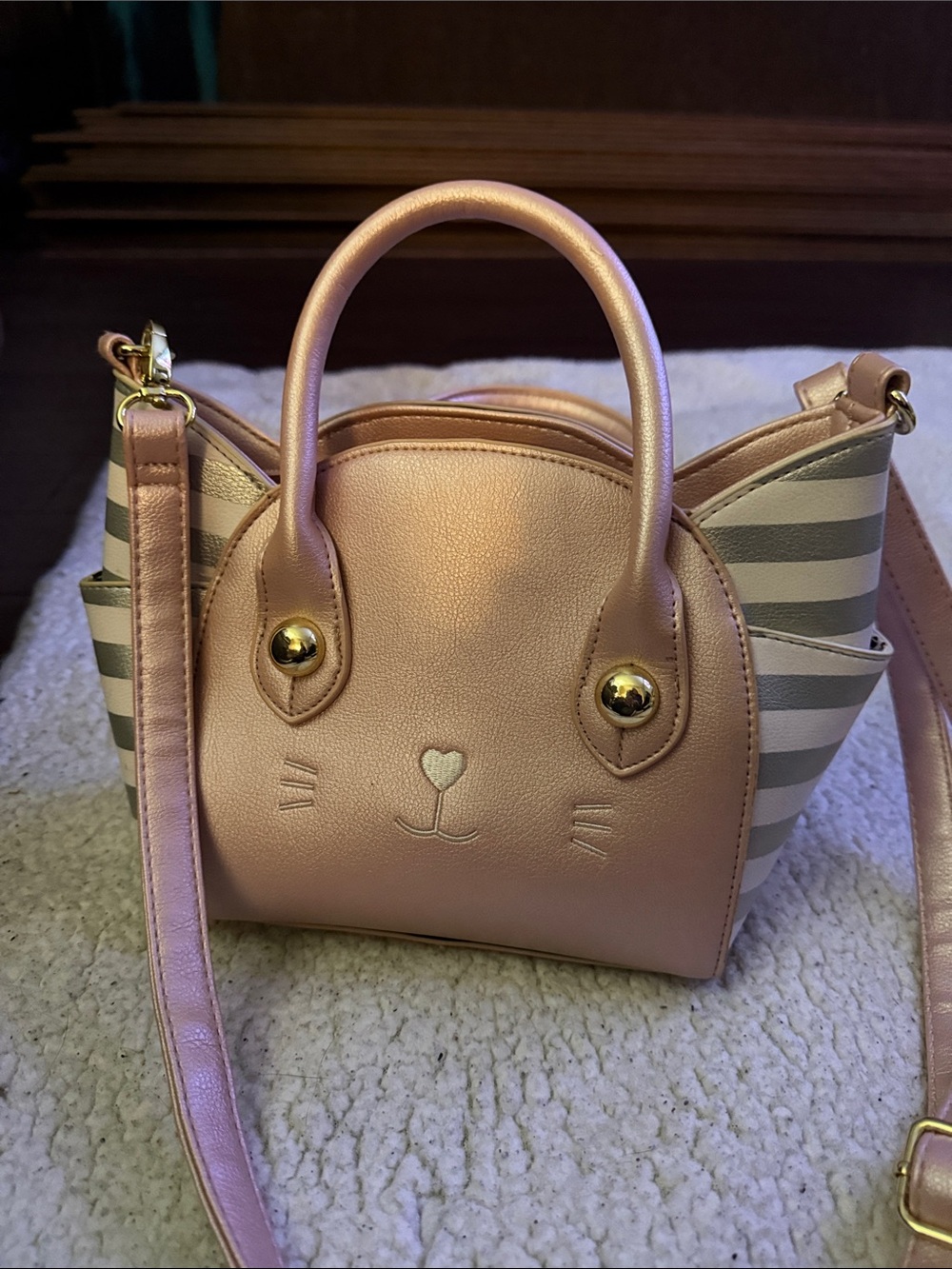 Betsey Johnson Metallic Pink Cat Face Crossbody Bag with Gray & White Stripes